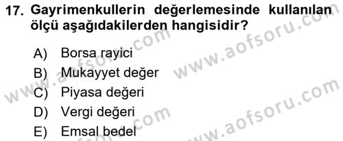 Gayrimenkullerde Vergilendirme Dersi Ara Sınavı Deneme Sınav Soruları 17. Soru