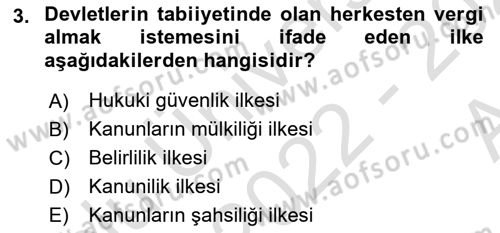 Gayrimenkullerde Vergilendirme Dersi Ara Sınavı Deneme Sınav Soruları 3. Soru