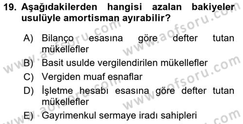 Gayrimenkullerde Vergilendirme Dersi 2022 - 2023 Yılı (Final) Dönem Sonu Sınav Soruları 19. Soru