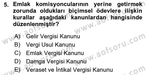 Gayrimenkullerde Vergilendirme Dersi 2022 - 2023 Yılı (Final) Dönem Sonu Sınav Soruları 5. Soru