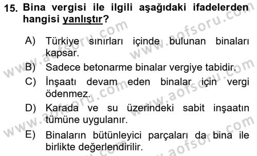 Gayrimenkullerde Vergilendirme Dersi 2022 - 2023 Yılı Yaz Okulu Sınav Soruları 15. Soru