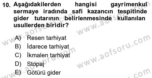 Gayrimenkullerde Vergilendirme Dersi Ara Sınavı Deneme Sınav Soruları 10. Soru