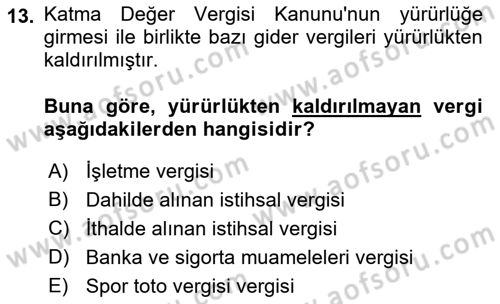 Gayrimenkullerde Vergilendirme Dersi Ara Sınavı Deneme Sınav Soruları 13. Soru