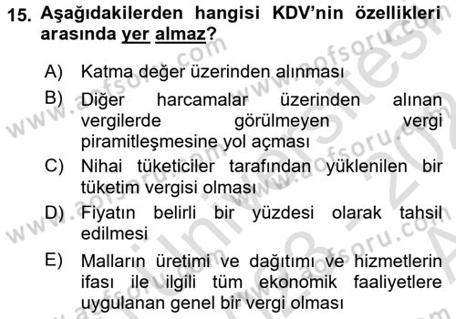 Gayrimenkullerde Vergilendirme Dersi 2023 - 2024 Yılı (Vize) Ara Sınav Soruları 15. Soru