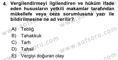 Gayrimenkullerde Vergilendirme Dersi Ara Sınavı Deneme Sınav Soruları 4. Soru