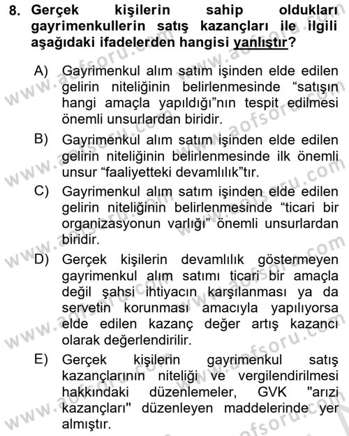 Gayrimenkullerde Vergilendirme Dersi 2023 - 2024 Yılı (Vize) Ara Sınav Soruları 8. Soru