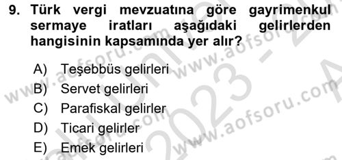 Gayrimenkullerde Vergilendirme Dersi Ara Sınavı Deneme Sınav Soruları 9. Soru