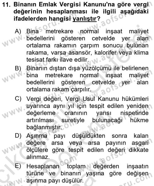 Gayrimenkullerde Vergilendirme Dersi 2023 - 2024 Yılı (Final) Dönem Sonu Sınav Soruları 11. Soru