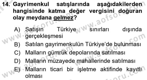 Gayrimenkullerde Vergilendirme Dersi Ara Sınavı Deneme Sınav Soruları 14. Soru