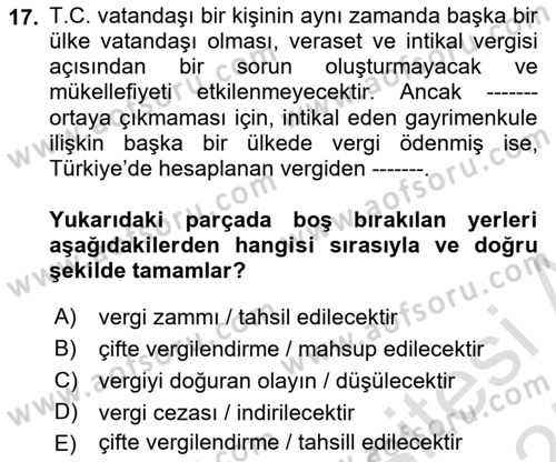 Gayrimenkullerde Vergilendirme Dersi Ara Sınavı Deneme Sınav Soruları 17. Soru
