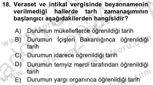 Gayrimenkullerde Vergilendirme Dersi Ara Sınavı Deneme Sınav Soruları 18. Soru