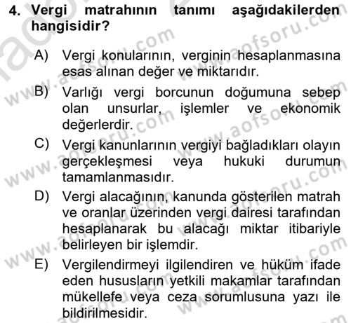 Gayrimenkullerde Vergilendirme Dersi Ara Sınavı Deneme Sınav Soruları 4. Soru