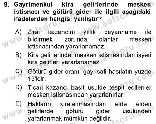 Gayrimenkullerde Vergilendirme Dersi Ara Sınavı Deneme Sınav Soruları 9. Soru