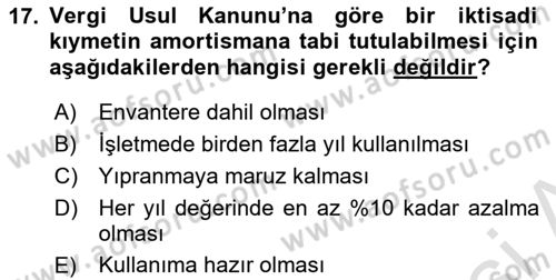 Gayrimenkullerde Vergilendirme Dersi 2024 - 2025 Yılı (Final) Dönem Sonu Sınav Soruları 17. Soru
