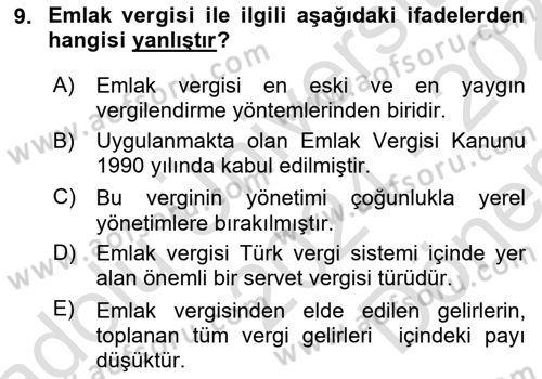 Gayrimenkullerde Vergilendirme Dersi 2024 - 2025 Yılı (Final) Dönem Sonu Sınav Soruları 9. Soru