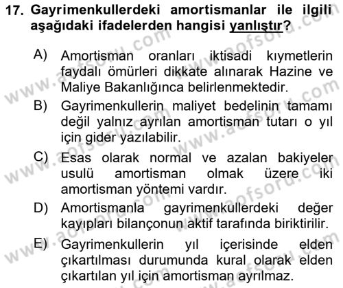 Gayrimenkullerde Vergilendirme Dersi 2025 - 2026 Yılı (Final) Dönem Sonu Sınav Soruları 17. Soru