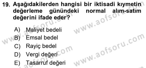 Gayrimenkullerde Vergilendirme Dersi 2025 - 2026 Yılı (Final) Dönem Sonu Sınav Soruları 19. Soru