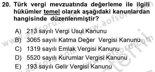 Gayrimenkullerde Vergilendirme Dersi 2025 - 2026 Yılı (Final) Dönem Sonu Sınav Soruları 20. Soru