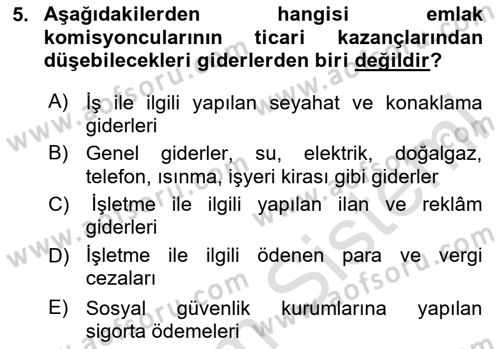 Gayrimenkullerde Vergilendirme Dersi 2025 - 2026 Yılı (Final) Dönem Sonu Sınav Soruları 5. Soru