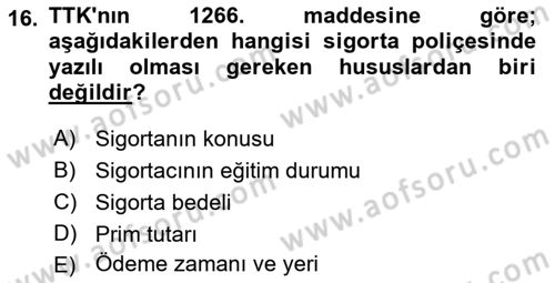 Emlak Yönetimi ve Pazarlaması Dersi 2018 - 2019 Yılı Yaz Okulu Sınavı 16. Soru