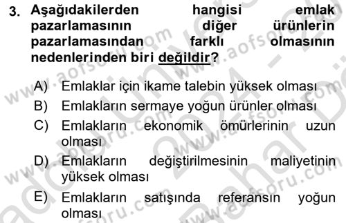 Emlak Pazarlaması Dersi 2024 - 2025 Yılı (Vize) Ara Sınav Soruları 3. Soru