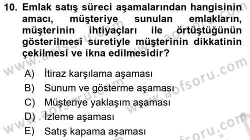 Emlak Pazarlaması Dersi 2024 - 2025 Yılı (Final) Dönem Sonu Sınav Soruları 10. Soru