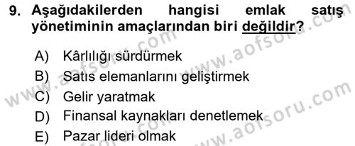 Emlak Pazarlaması Dersi 2024 - 2025 Yılı (Final) Dönem Sonu Sınav Soruları 9. Soru