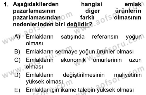 Emlak Pazarlaması Dersi 2024 - 2025 Yılı Yaz Okulu Sınav Soruları 1. Soru
