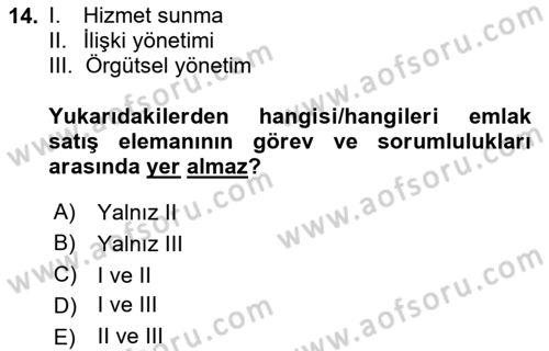 Emlak Pazarlaması Dersi 2024 - 2025 Yılı Yaz Okulu Sınav Soruları 14. Soru