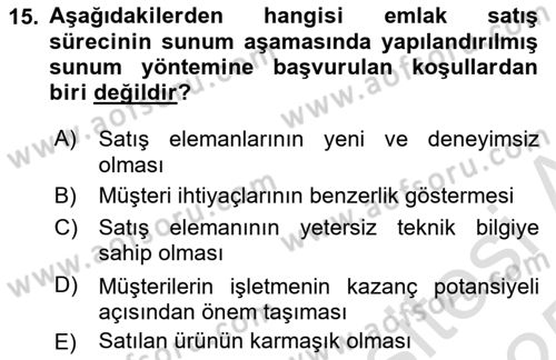 Emlak Pazarlaması Dersi 2024 - 2025 Yılı Yaz Okulu Sınav Soruları 15. Soru