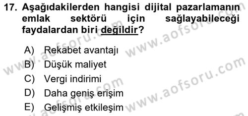 Emlak Pazarlaması Dersi 2024 - 2025 Yılı Yaz Okulu Sınav Soruları 17. Soru