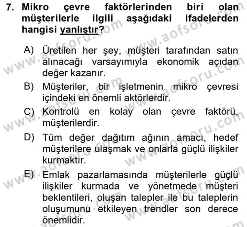 Emlak Pazarlaması Dersi 2025 - 2026 Yılı (Vize) Ara Sınav Soruları 7. Soru