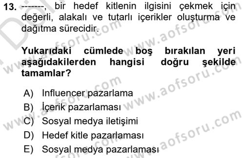Emlak Pazarlaması Dersi 2025 - 2026 Yılı (Final) Dönem Sonu Sınav Soruları 13. Soru