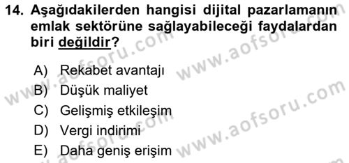 Emlak Pazarlaması Dersi 2025 - 2026 Yılı (Final) Dönem Sonu Sınav Soruları 14. Soru