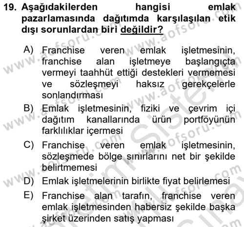 Emlak Pazarlaması Dersi 2025 - 2026 Yılı (Final) Dönem Sonu Sınav Soruları 19. Soru