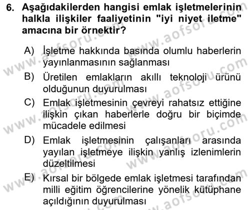 Emlak Pazarlaması Dersi 2025 - 2026 Yılı (Final) Dönem Sonu Sınav Soruları 6. Soru