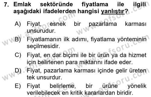 Emlak Pazarlaması Dersi 2025 - 2026 Yılı (Final) Dönem Sonu Sınav Soruları 7. Soru