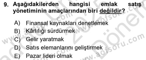 Emlak Pazarlaması Dersi 2025 - 2026 Yılı (Final) Dönem Sonu Sınav Soruları 9. Soru