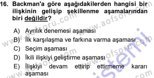 Aile Yapısı ve İlişkileri Dersi 2015 - 2016 Yılı (Vize) Ara Sınav Soruları 16. Soru