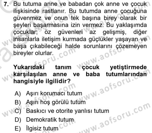 Aile Yapısı ve İlişkileri Dersi 2016 - 2017 Yılı (Vize) Ara Sınav Soruları 7. Soru