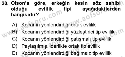 Aile Yapısı ve İlişkileri Dersi 2017 - 2018 Yılı (Vize) Ara Sınav Soruları 20. Soru
