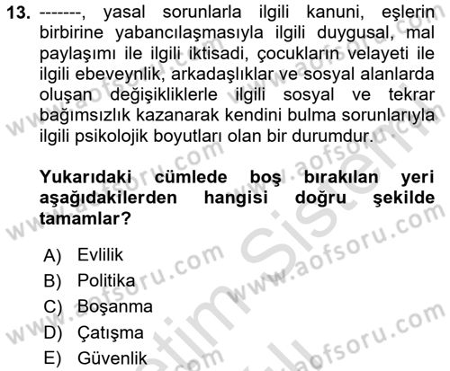 Aile Yapısı ve İlişkileri Dersi 2020 - 2021 Yılı Yaz Okulu Sınav Soruları 13. Soru