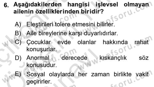 Aile Yapısı ve İlişkileri Dersi 2020 - 2021 Yılı Yaz Okulu Sınav Soruları 6. Soru