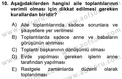 Aile Yapısı ve İlişkileri Dersi 2021 - 2022 Yılı (Vize) Ara Sınav Soruları 10. Soru