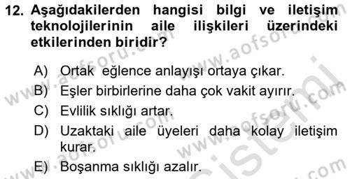Aile Yapısı ve İlişkileri Dersi 2021 - 2022 Yılı (Final) Dönem Sonu Sınav Soruları 12. Soru