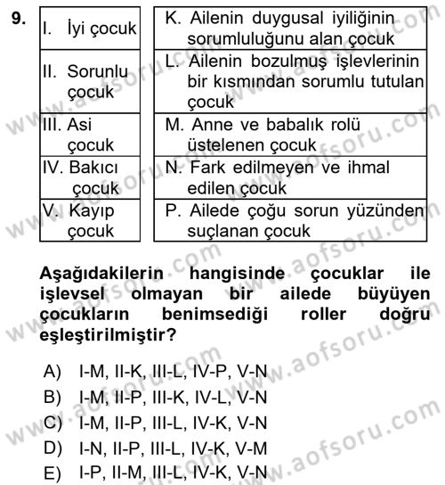 Aile Yapısı ve İlişkileri Dersi 2022 - 2023 Yılı (Vize) Ara Sınav Soruları 9. Soru