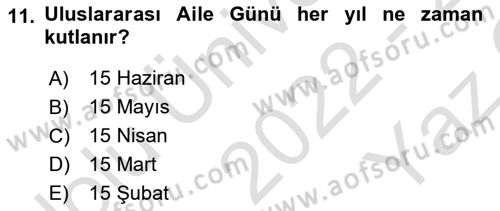 Aile Yapısı ve İlişkileri Dersi 2022 - 2023 Yılı Yaz Okulu Sınav Soruları 11. Soru