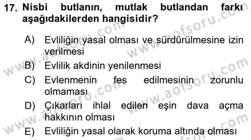 Aile Yapısı ve İlişkileri Dersi 2022 - 2023 Yılı Yaz Okulu Sınav Soruları 17. Soru