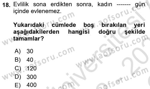 Aile Yapısı ve İlişkileri Dersi 2022 - 2023 Yılı Yaz Okulu Sınav Soruları 18. Soru
