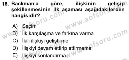 Aile Yapısı ve İlişkileri Dersi 2023 - 2024 Yılı (Vize) Ara Sınav Soruları 16. Soru